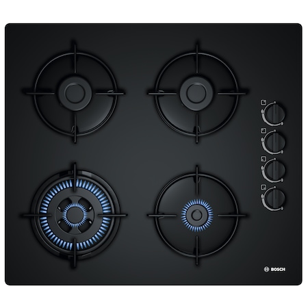 Плот за вграждане Bosch POH6B6B10, Газов, 4 Нагревателни зони, Ел. запалване, Wok горелка, 60 cм, Черен