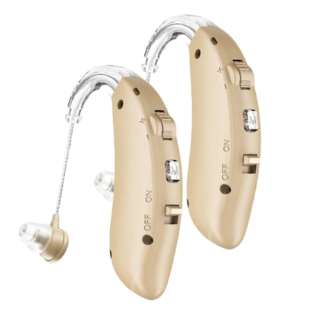 Слухови апарати eGROW, GM-105E Premium, Батерия, Намаляват фоновия шум, Цифров чип, 4 режима на работа, Регулируема сила на звука, Усилвател на звука, 5 тапи, 129 Децибела, Комплект 2 броя