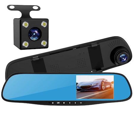 Огледало за обратно виждане за кола с двойна камера Teno®, Full HD 1080P видео, G сензор, 32GB, нощно виждане, 2,8-инчов дисплей, направляващи линии за паркиране, черно
