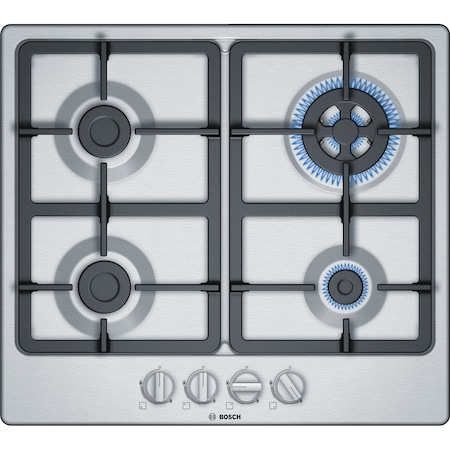 Плот за вграждане Bosch PGH6B5B90, Газов, 4 нагревателни зони, Електрическо запалване, Чугунена скара, Обезопасени нагревателни зони, 60 см, Inox