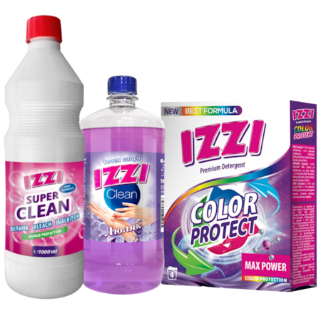 Промо Пакет IZZI - Белина Premium 1л + Прах за пране Color Protect 0,300г + Теч.сапун IZZI Clean пълнител, Люляк 1л