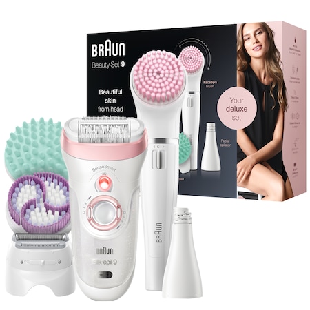 Епилатор Braun Silk-epil Beauty Set 9 9995 Premium 9-in-1, Технология SensoSmart, Бръснеща глава, Ексфолираща глава, Епилатор за лице, Бял/Розов