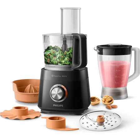 Кухненски робот Philips Viva Collection HR7510/10, 800W, Технология PowerChop, 29 функции, Издръжлив съд 1.5 л (работен капацитет 1 л), Диск 2 in 1, Цитрус преса, Захранваща тръба XXL, Черен