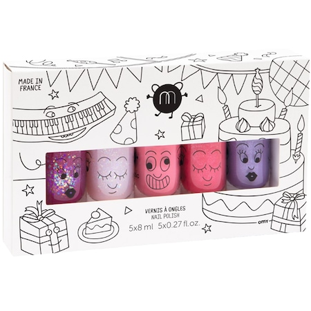 Парти комплект Nailmatic 1 x Sheepy Kids Детски лак за нокти на водна основа Raspberry Glitter 8 ml, 1 x Polly лак за нокти на водна основа за деца Pink Glitter 8 ml, 1 x Cookie Детски лак за нокти на водна основа 8 ml